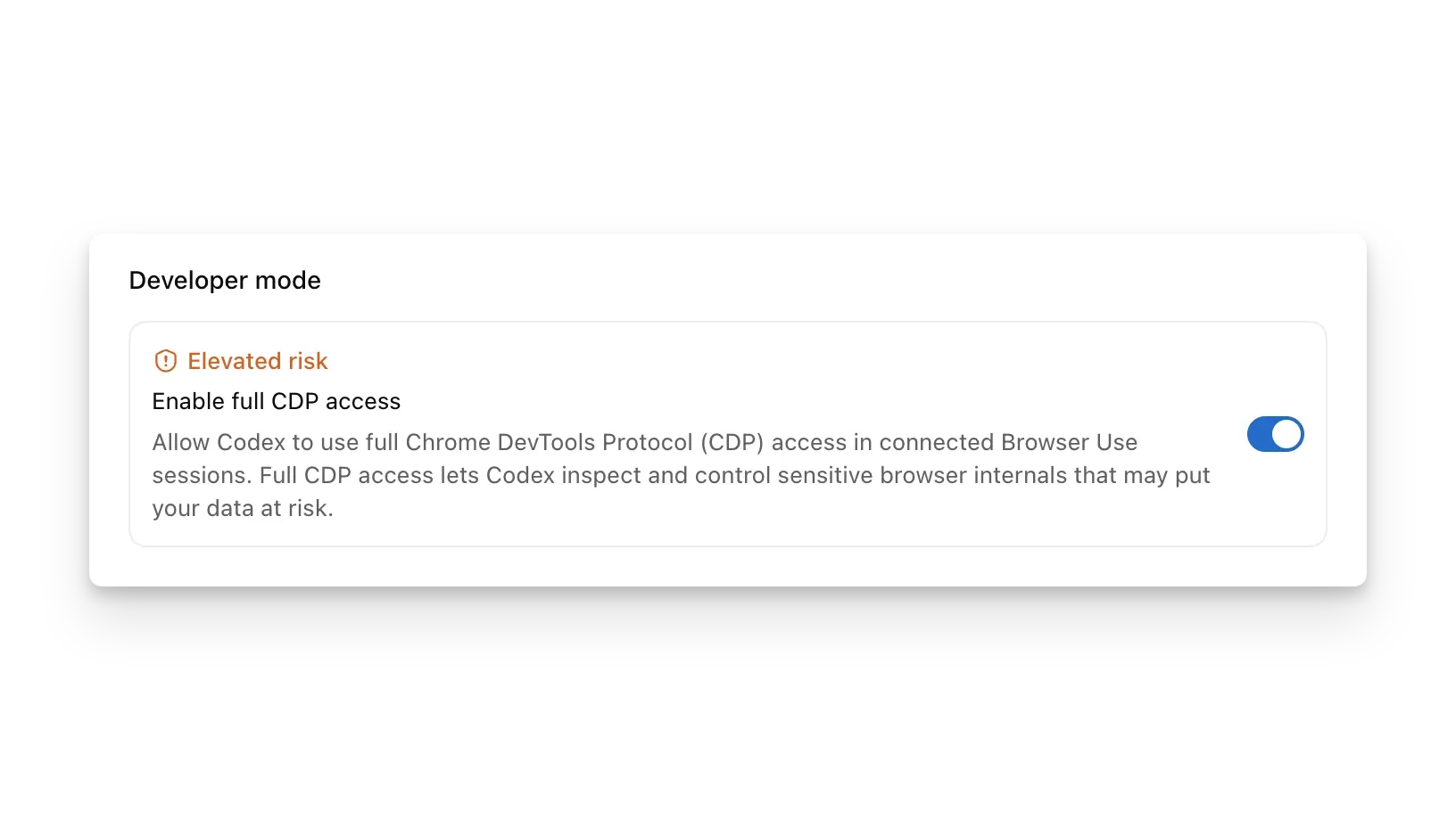 Codex App Browser 设置,显示已启用完整 CDP 访问的开发者模式